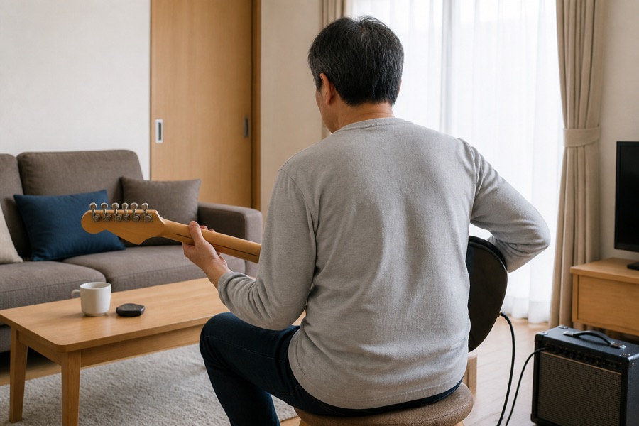 自宅で黙々とエレキギターを練習する中年男性の後ろ姿